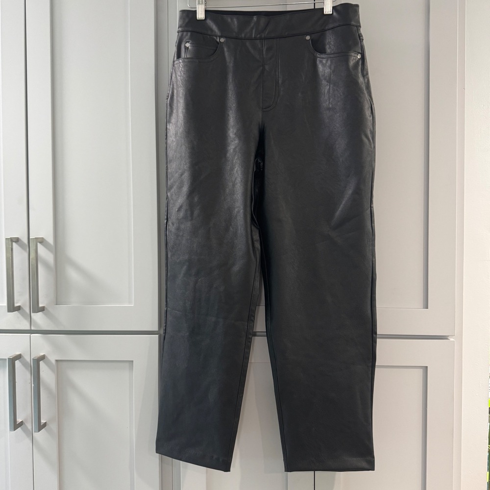 Spanx Faux Leather 5 Pocket Straight‎ Leg Pants Black High Rise Pull On Large